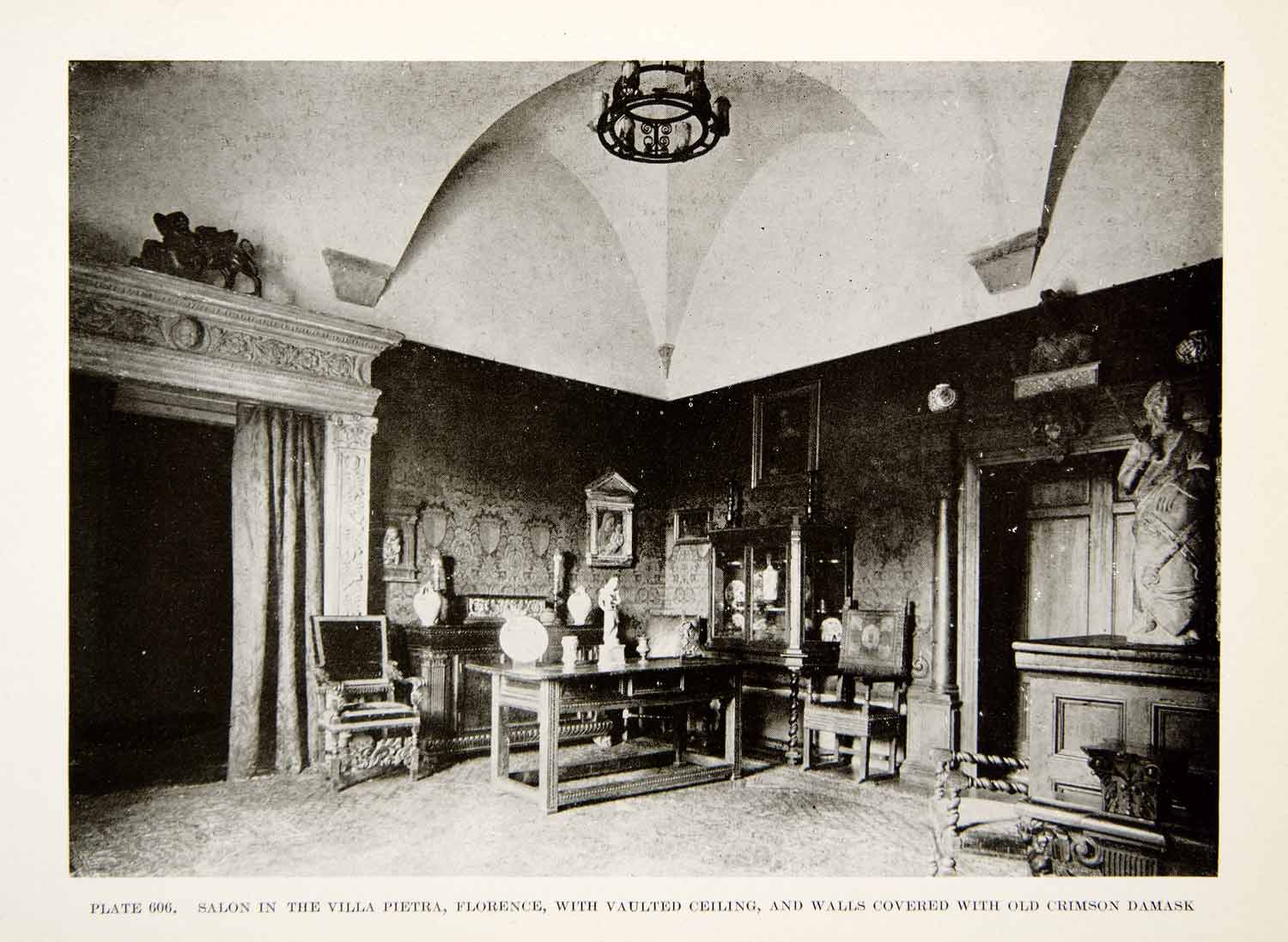 1926 Print Salon Villa Pietra Florence Vaulted Ceiling Damask Interior XDG6