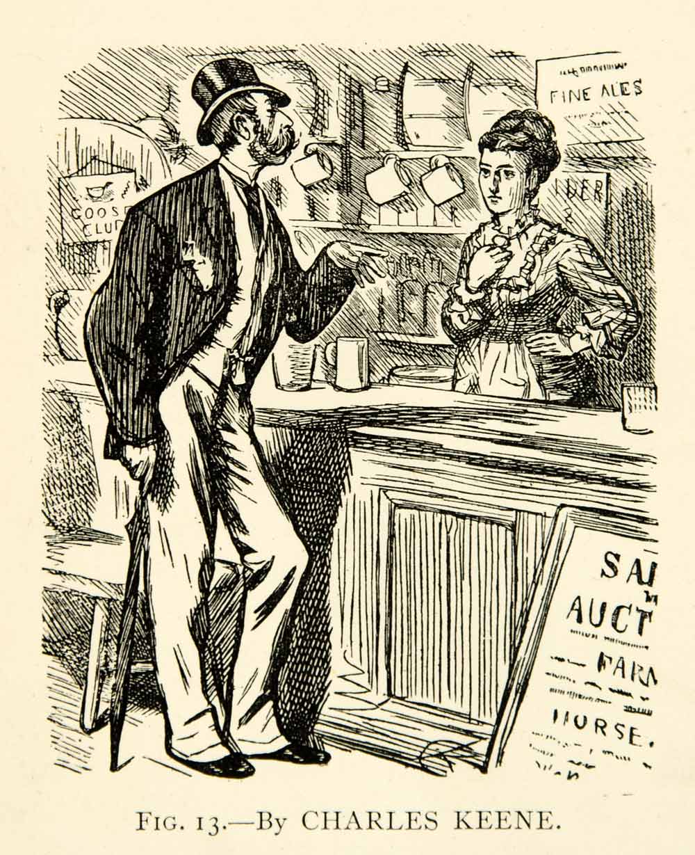 1927 Print Man Bar Woman Drink Mustache Charles Keene Top Hat Beer Mug XDH1