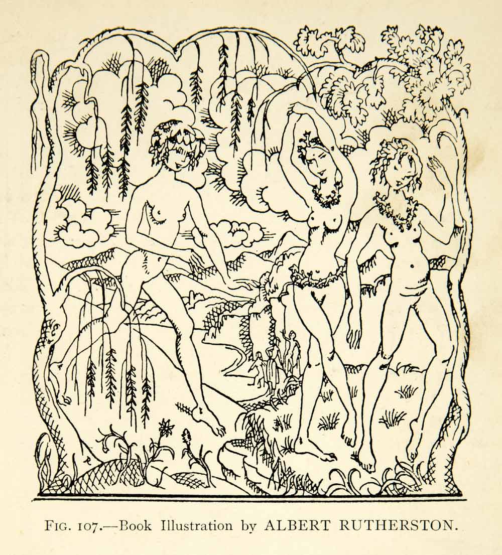 1927 Print Albert Rutherston Book Illustration Nude Women Dancing Landscape XDH1