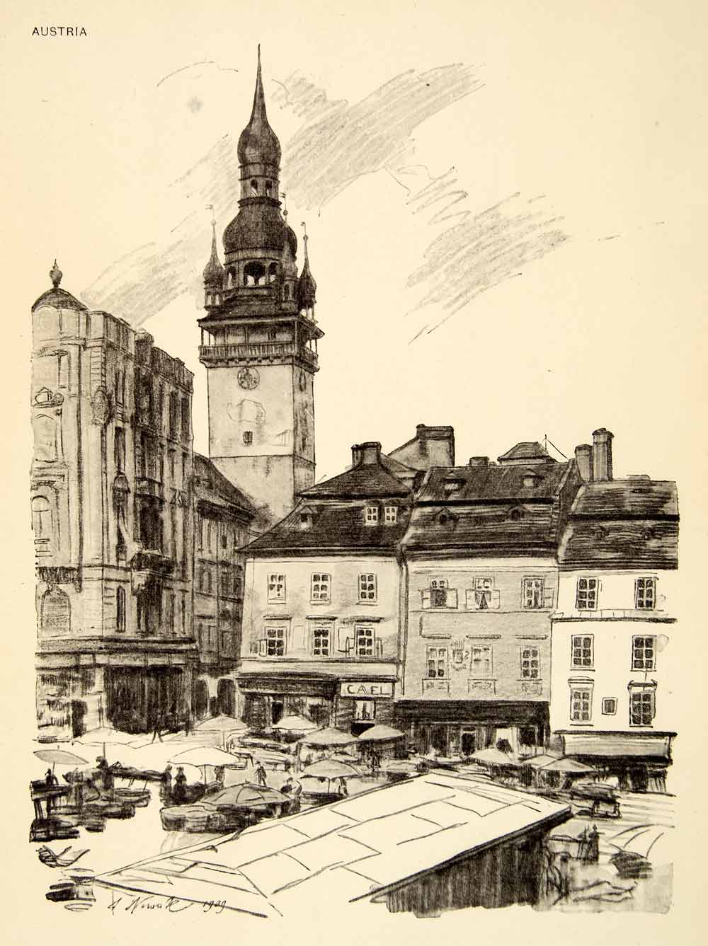 1911 Print Market Place Brunn Austia Architecture Street Cityscape Anton XDH9