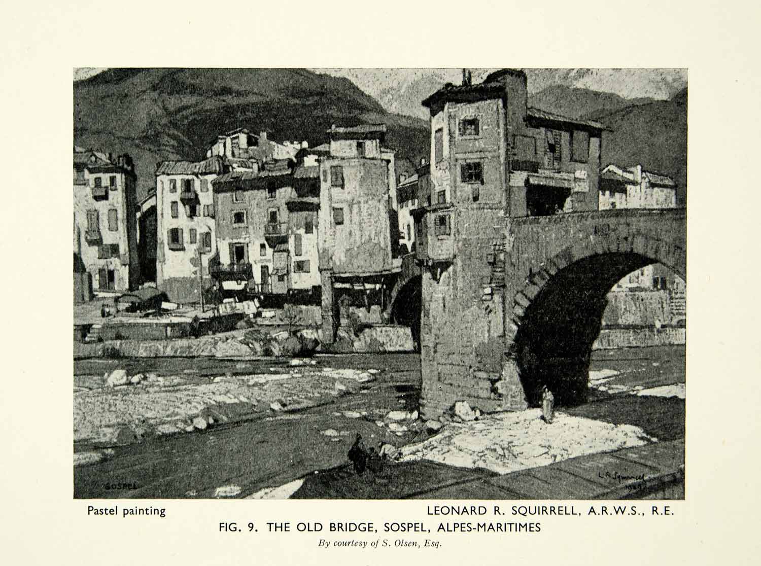 1939 Print Leonard Squirrel Old Bridge Sosepl Alpes-Maritimes Cityscape XDI2