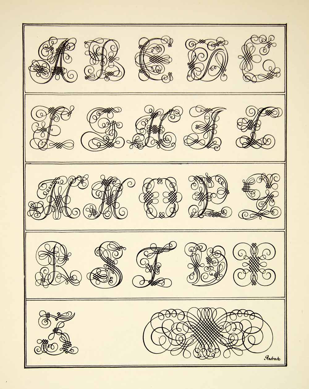 1952 Offset Lithograph Calligraphic Alphabet Letter Decorative Ornamental XDI5