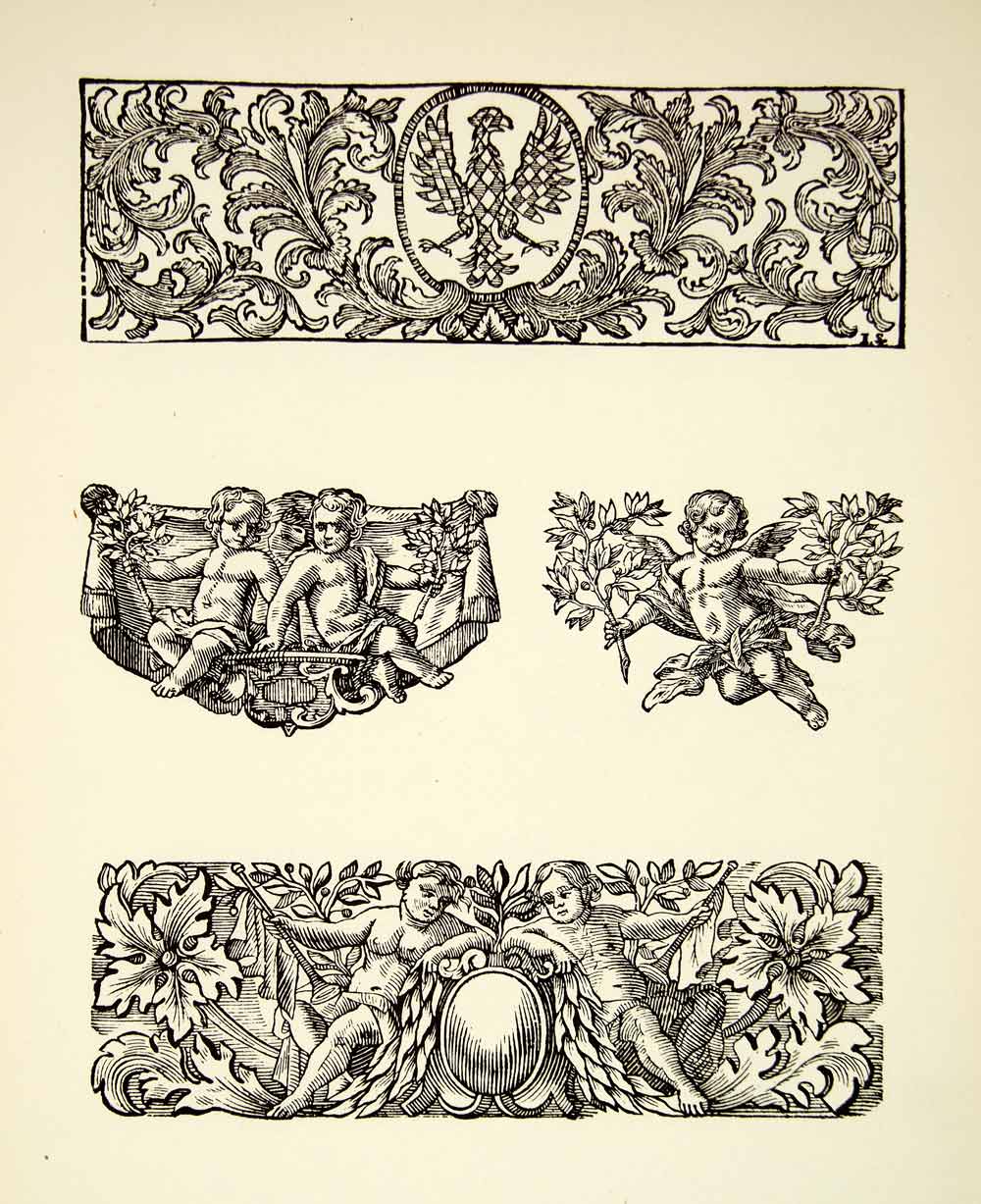 1952 Offset Lithograph Headpiece Tailpiece Cherub Decorative Ornamental XDI5