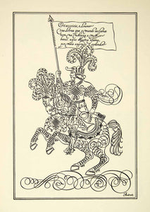 1952 Offset Lithograph Scroll Decorative Knight Horse Armor Ornamental XDI5