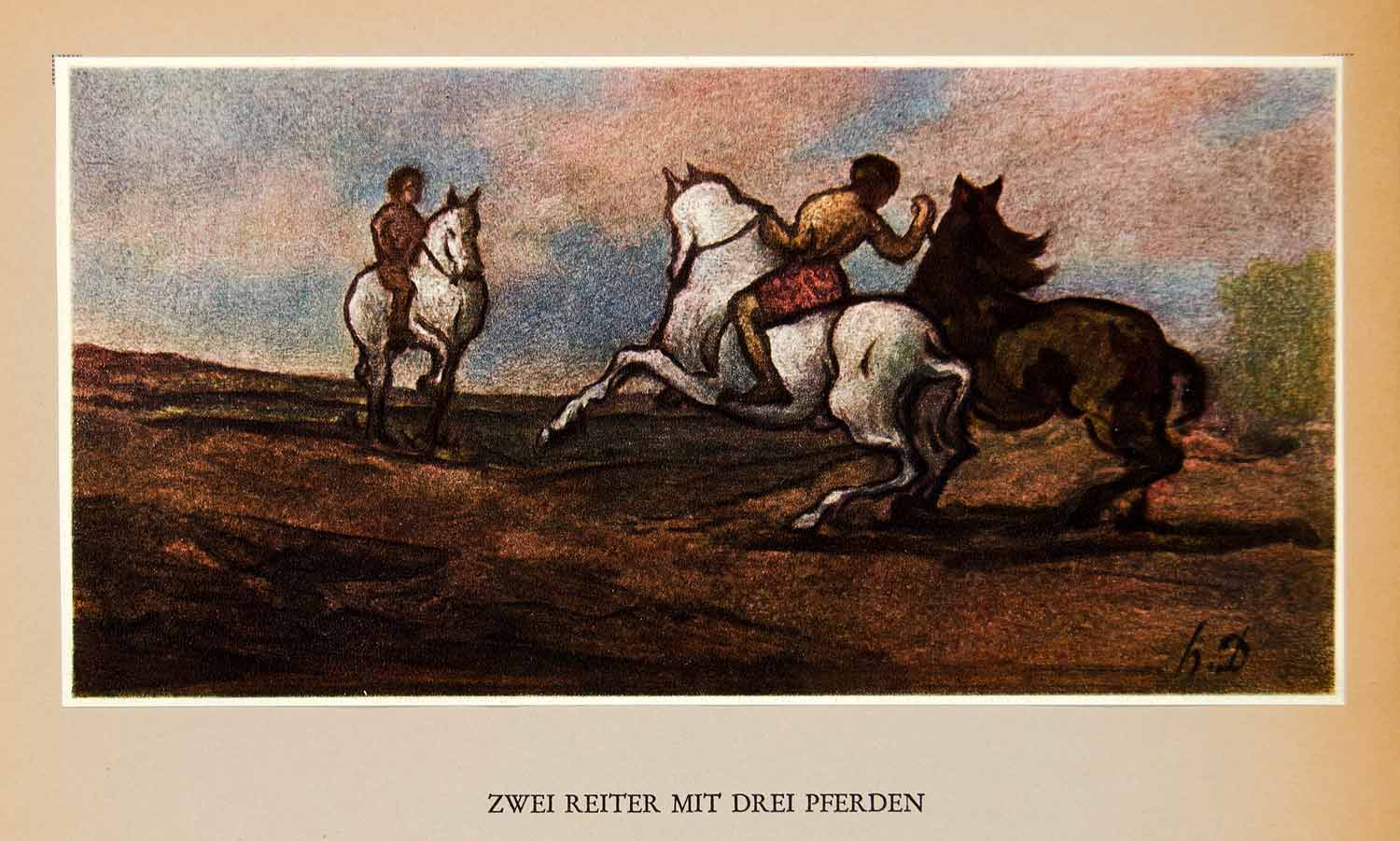 1938 Print Horseback Riders Animal Honore Daumier Reiter Pferden Landscape XDI8