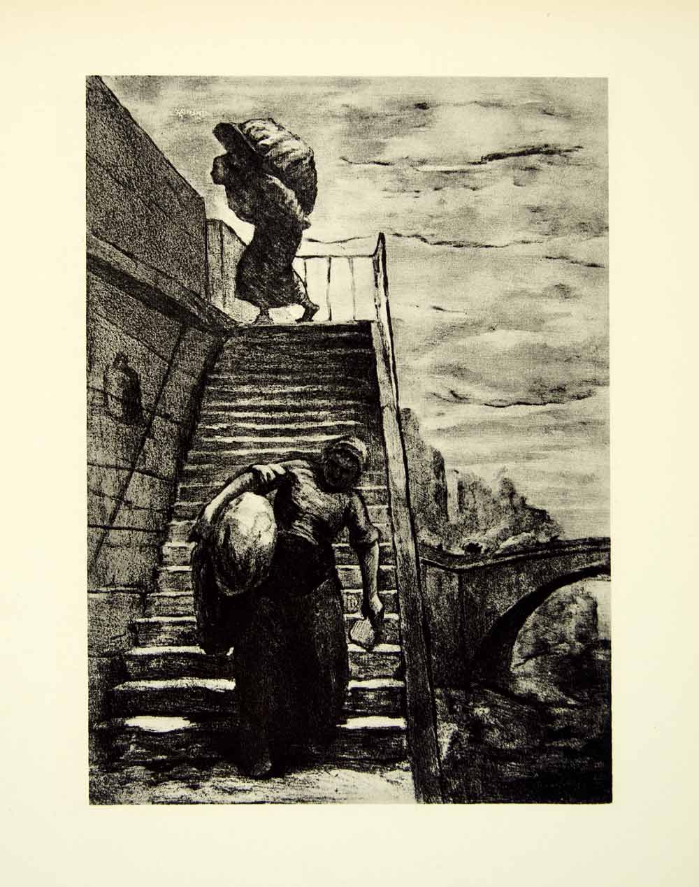 1938 Rotogravure Women Laundry Wash Run Wascherinnen Honore Daumier Stairs XDI8