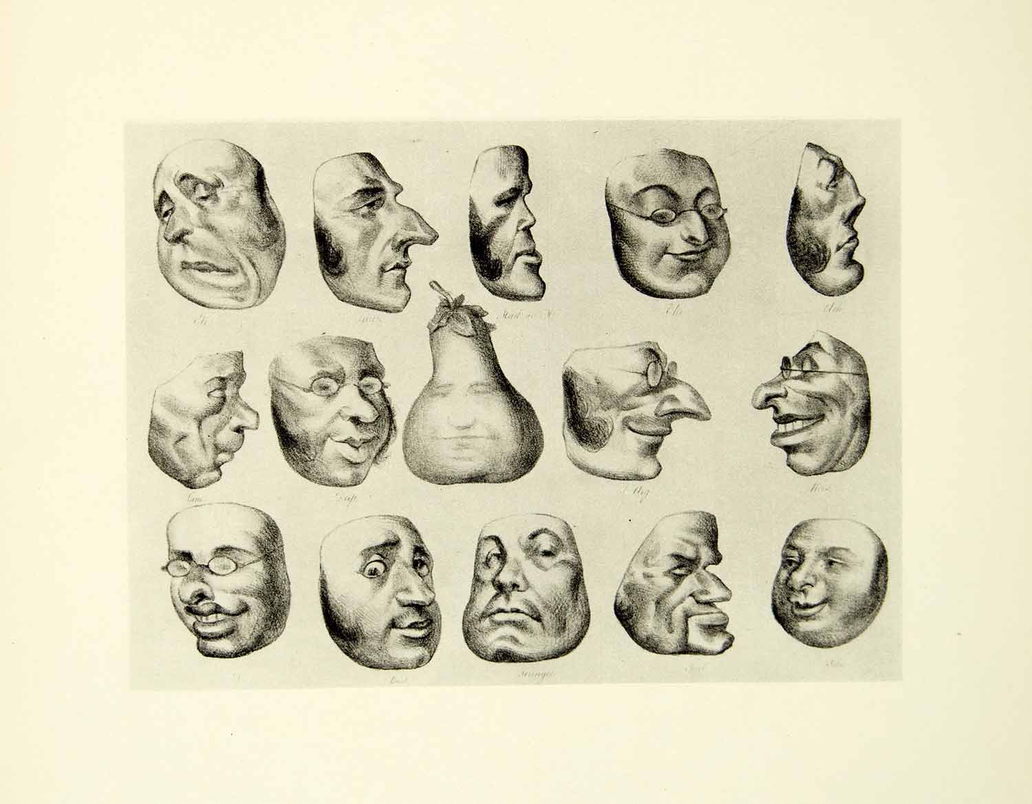 1938 Rotogravure Masques Masks Honore Daumier Faces Shape Pear Nose Glasses XDI8