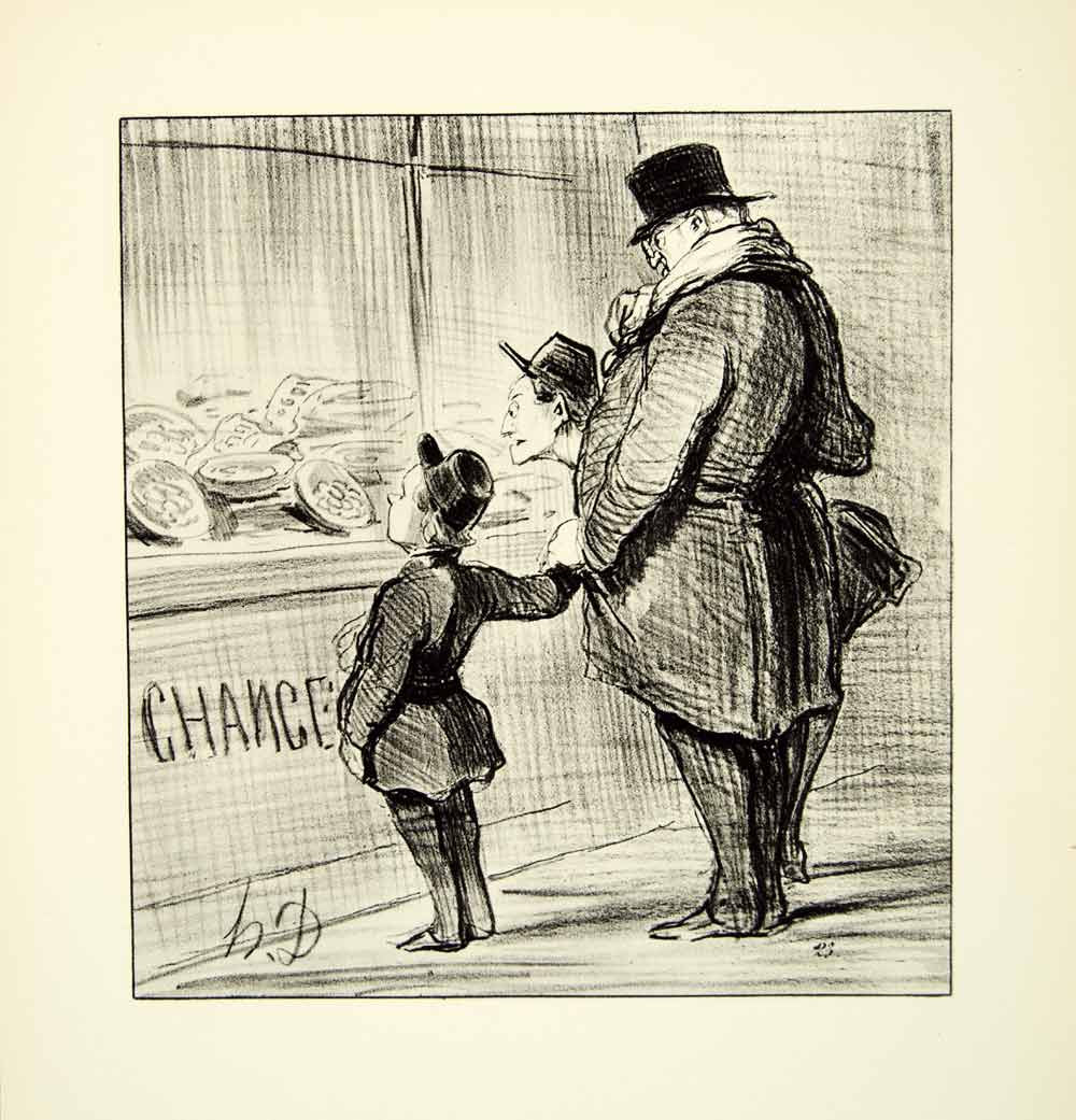 1938 Rotogravure Father Son Child Window Shop Honore Daumier Street Scene XDI8