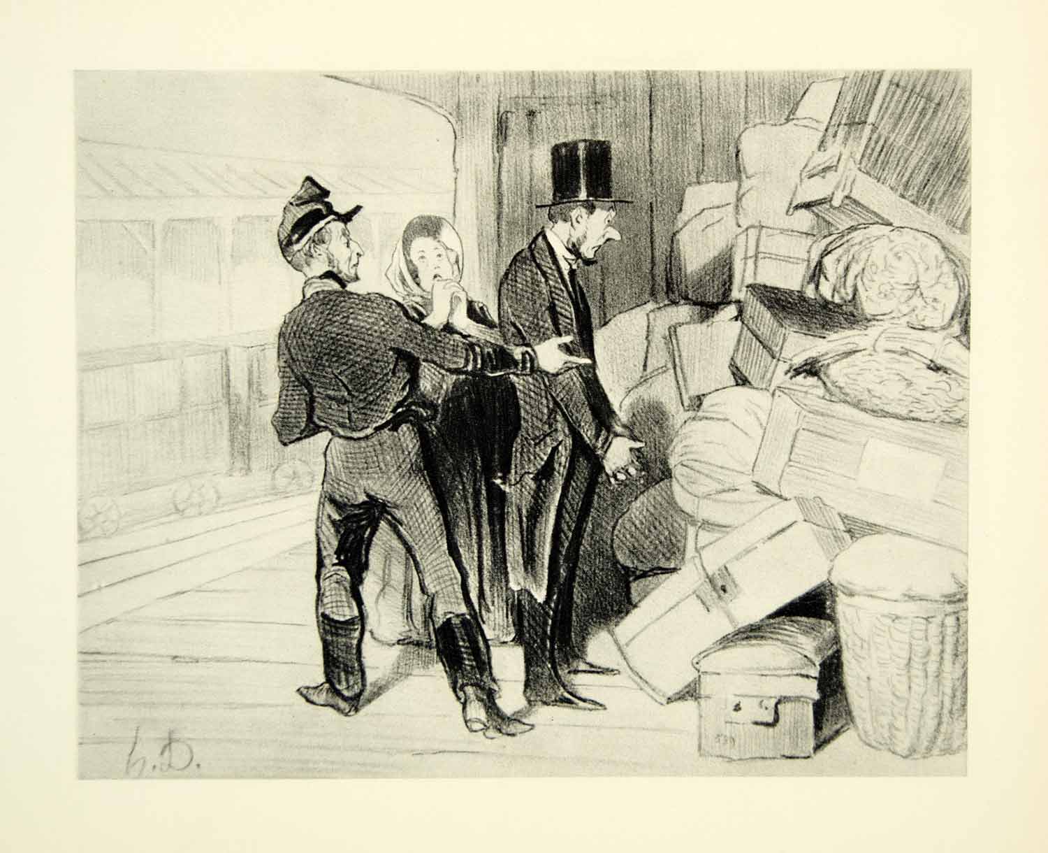1938 Rotogravure Mail Honore Daumier Woman Top Hat Luggage Train Car Postal XDI8