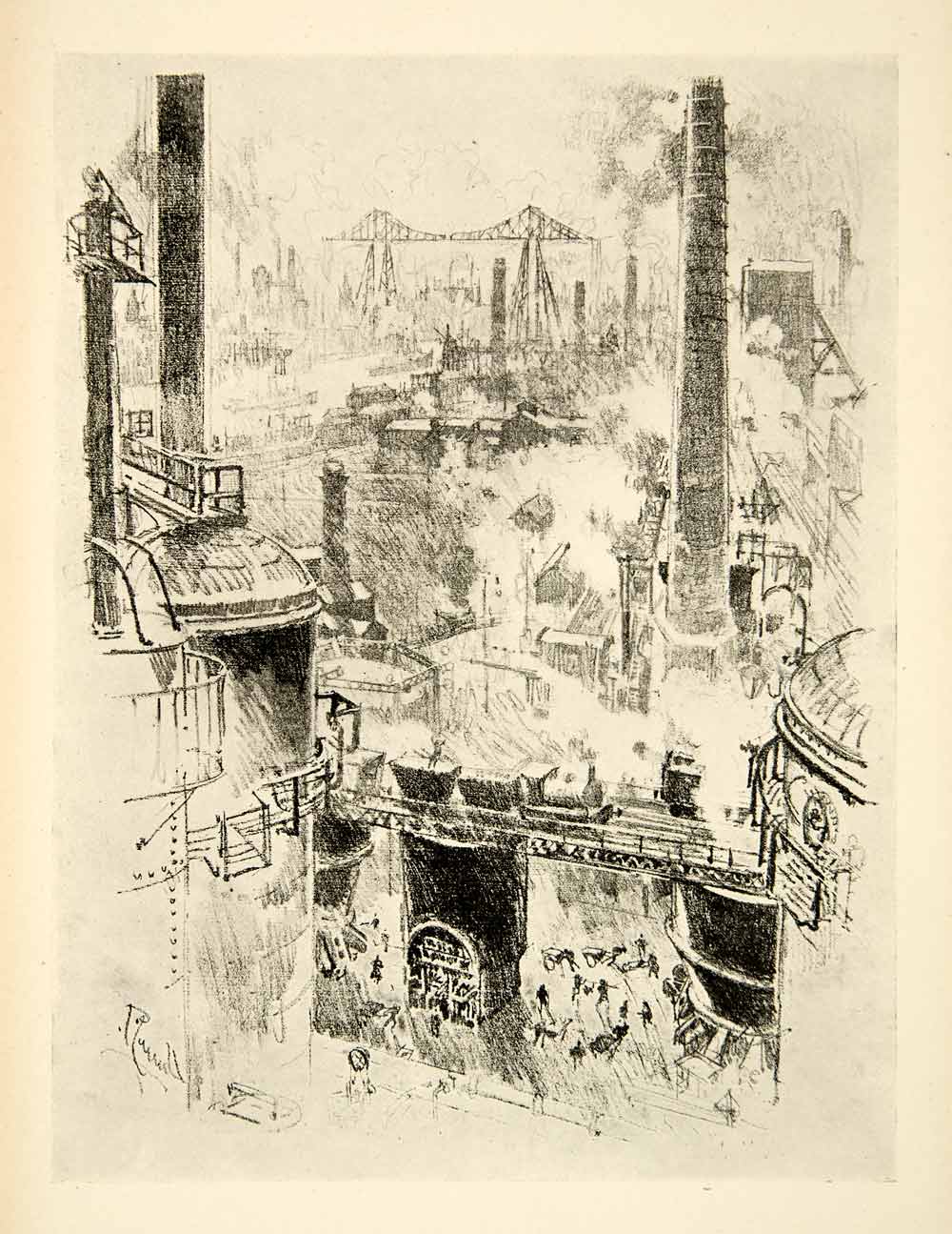 1917 Print Top Furnace World War I England Joseph Pennell Smoke Stacks XDJ1