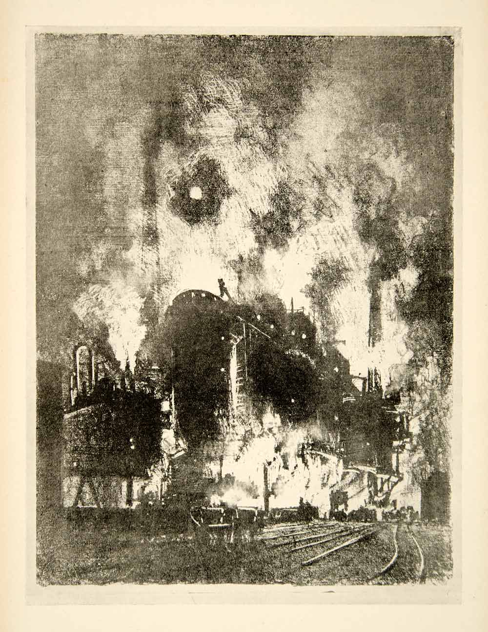 1917 Print Furnace Night Time Joseph Pennell Fire Train Track Industrial XDJ1
