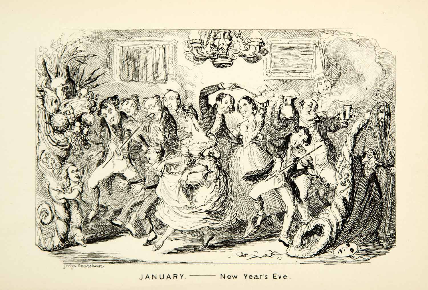 1912 Print New Years Eve English January George Cruikshank Party Celebrate XDJ7