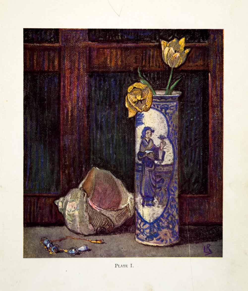 1927 Color Print Leonard Richmond Still Life Conch Shell Tulip Vase Beads XDJ9