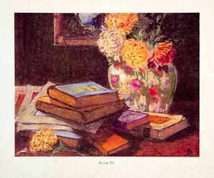 1927 Color Print Leonard Richmond Still Life Flowers Books Colorful Orange XDJ9