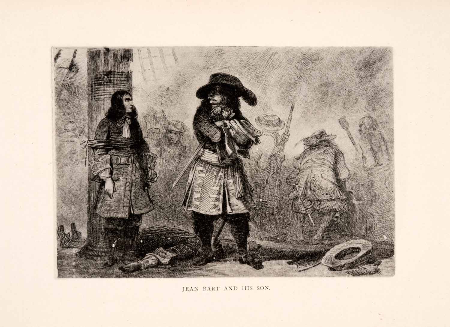 1887 Lithograph Jean Bart Pirate Costume Ship Corsair French Canon Sea XEA5
