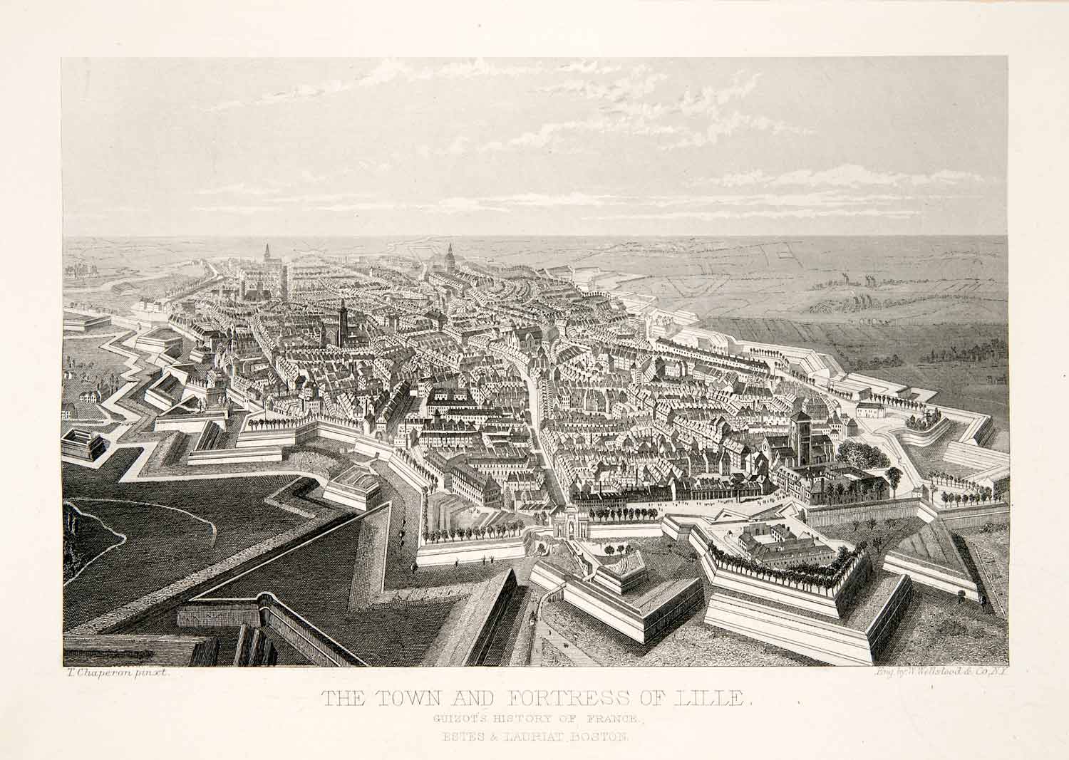 1875 Steel Engraving T Chaperon Town Lille France Cityscape Fortress XEA6