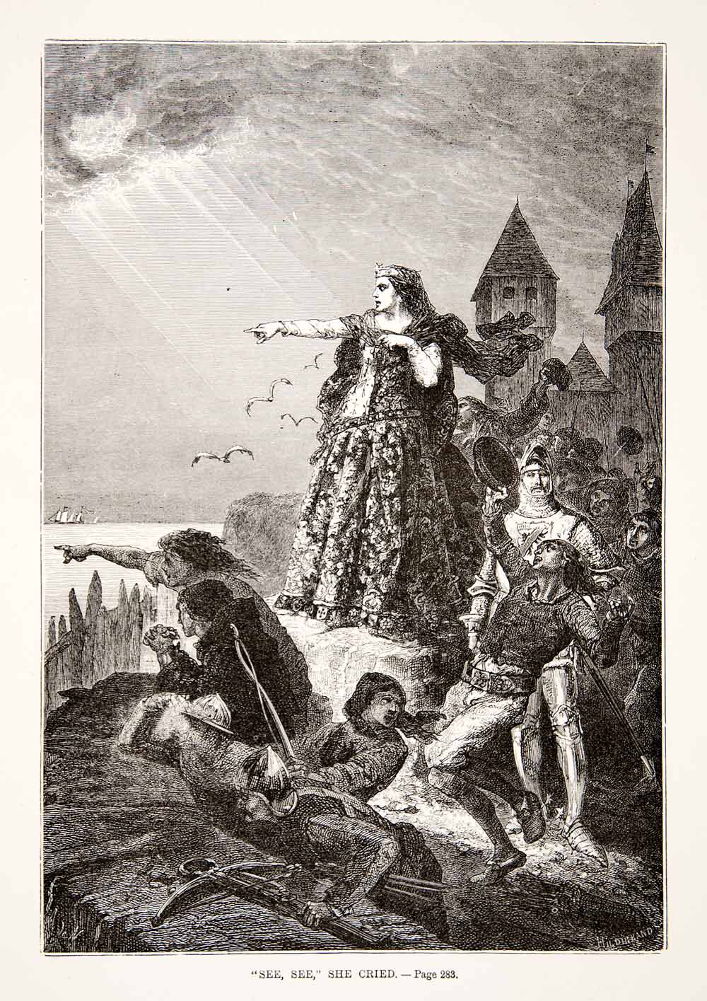 1875 Woodcut Alphonse Neuville Joan Montfort Flanders Hennebon Siege XEA6