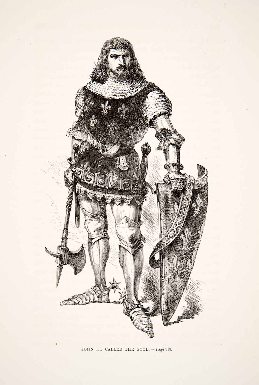 1875 Woodcut Alphonse Neuville John II Costume French Battle Ax Spur XEA6