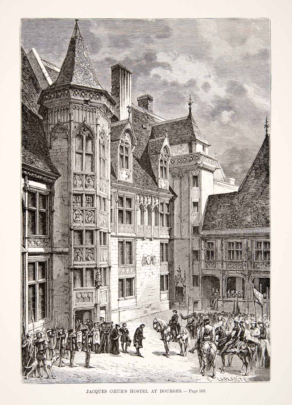 1875 Woodcut Alphonse Neuville Jacques Coeur Bourges Hostel Architecture XEA6