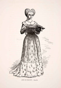 1875 Woodcut Alphonse Neuville Anne Beaujeu Regent France Costume Dress XEA6