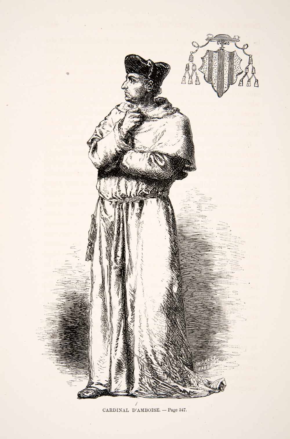 1875 Woodcut Alphonse Neuville Cardinal Georges Amboise Coats Of Arms XEA6