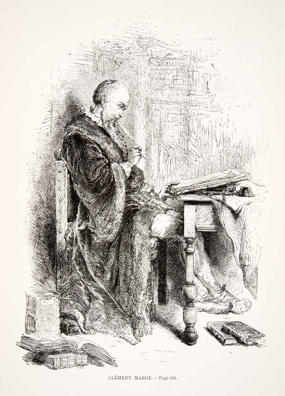 1875 Woodcut Alphonse Neuville Clement Marot Poet Renaissance 16th Century XEA6