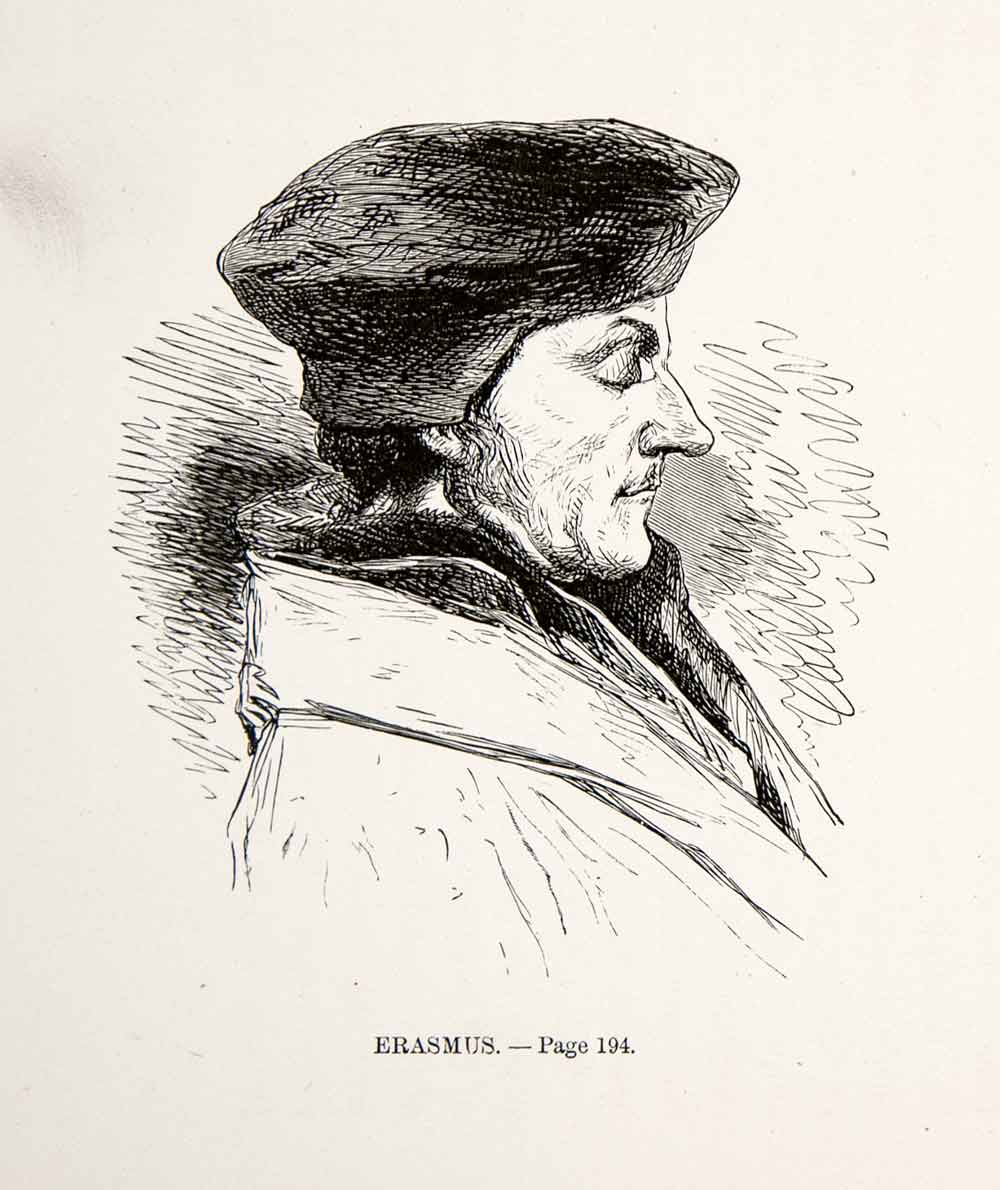 1875 Woodcut Alphonse Neuville Desiderius Erasmus Dutch Renaissance Profile XEA6