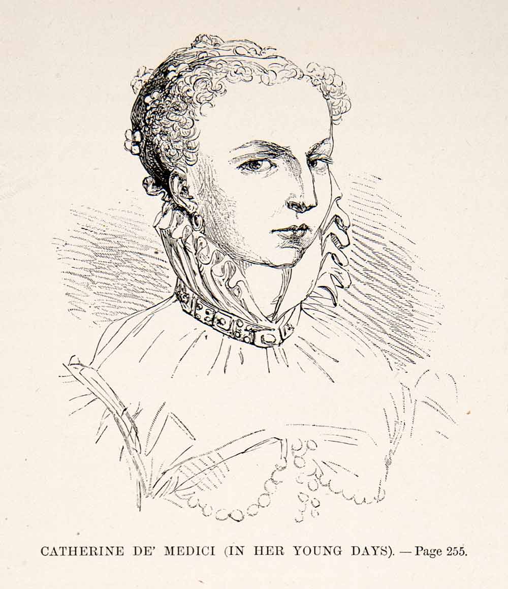 1875 Woodcut Catherine Medici Portrait Sketch Alphonse Neuville Italian XEA6