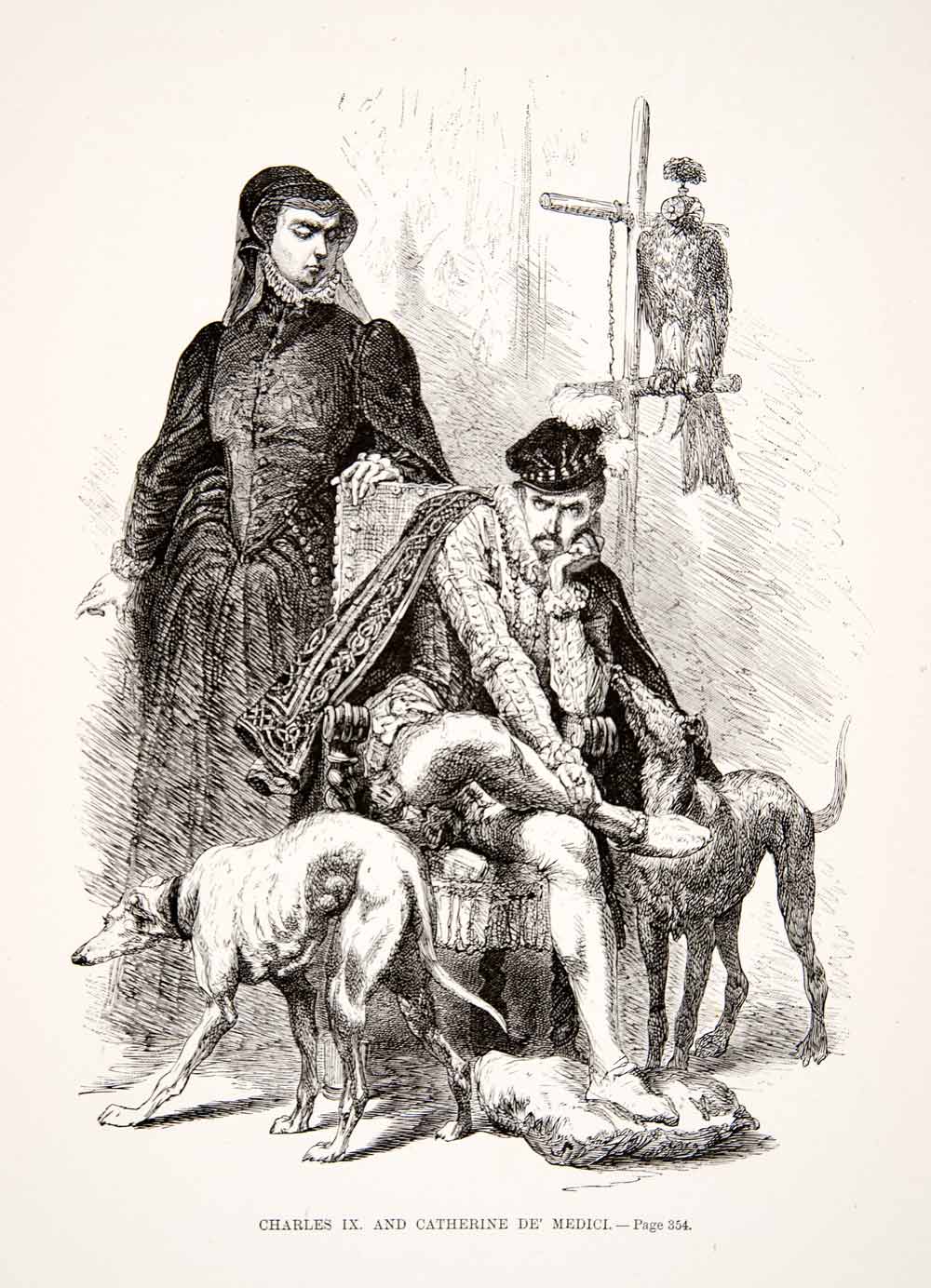 1875 Woodcut Alphonse Neuville Charles IX Catherine Medici Falcon Dog XEA6
