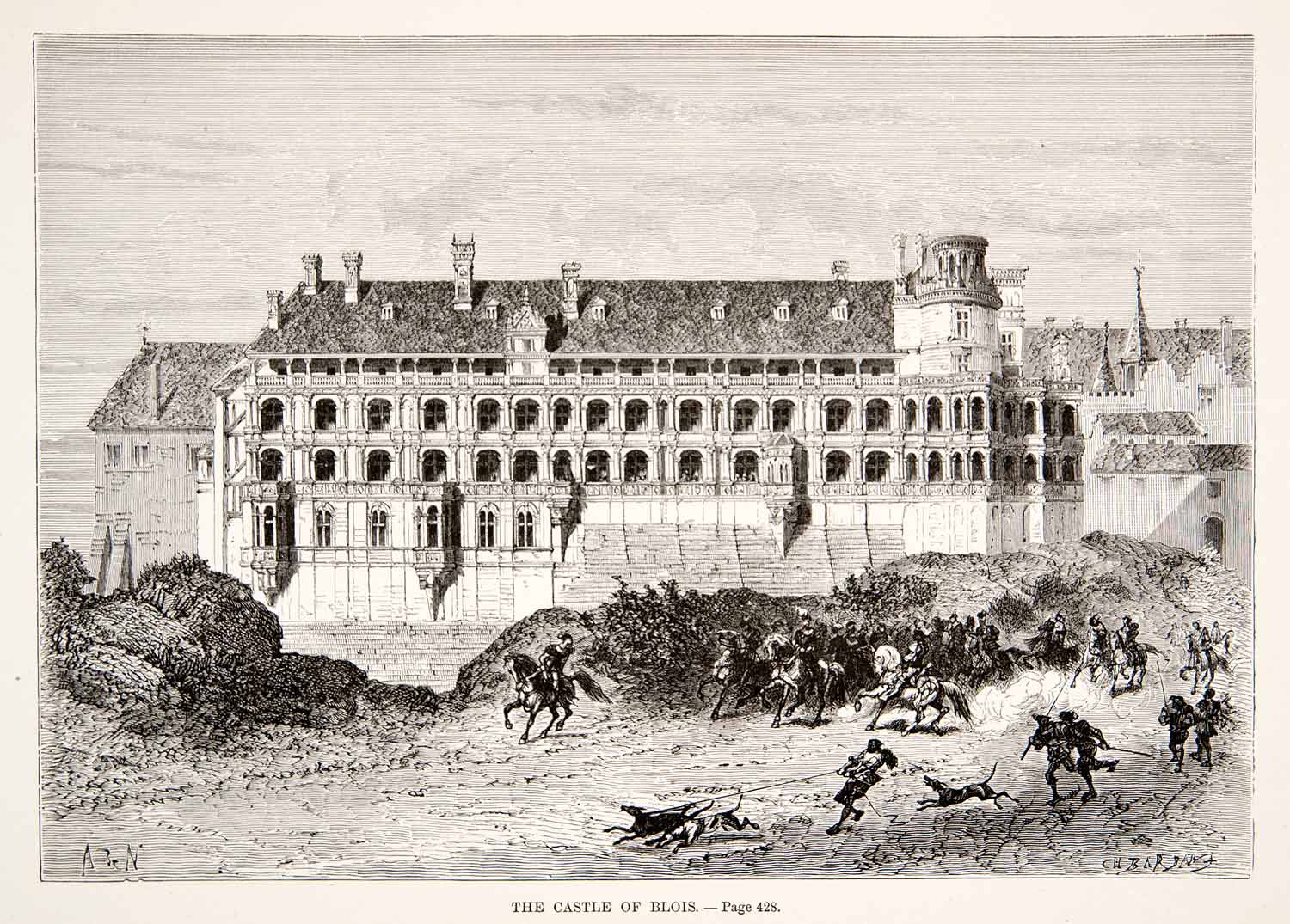 1875 Woodcut Alphonse Neuville Castle Chateau Blois Loir-et-Cher Francis I XEA6