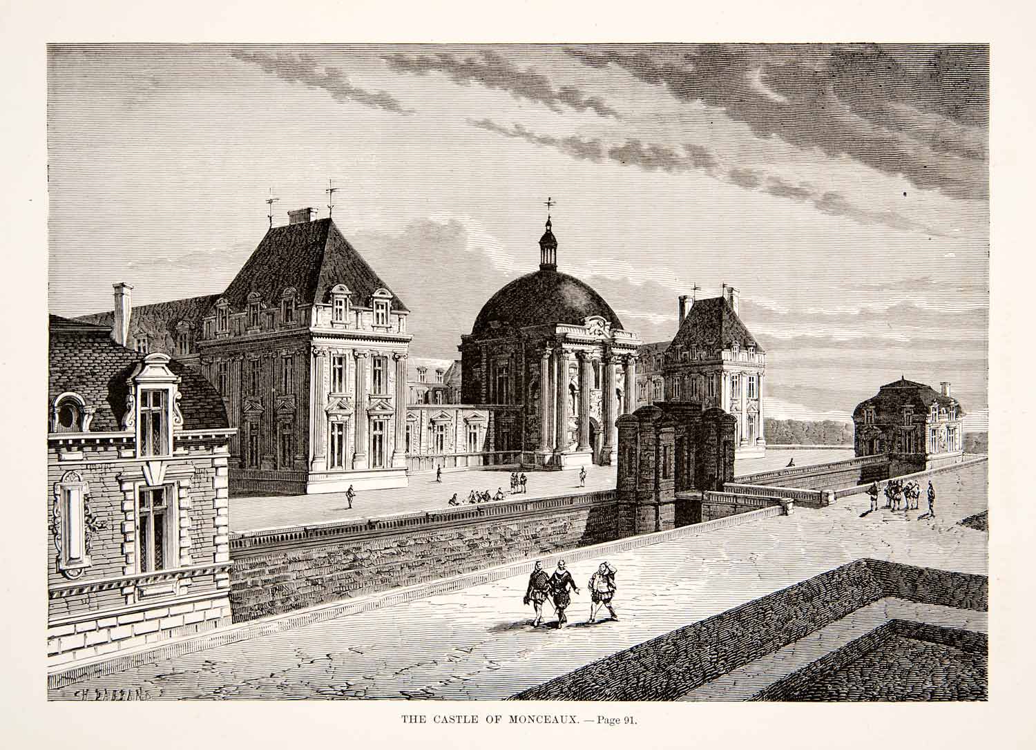 1875 Woodcut Castle Monceaux Chateau Seine-et-Marne Historical Residence XEA6