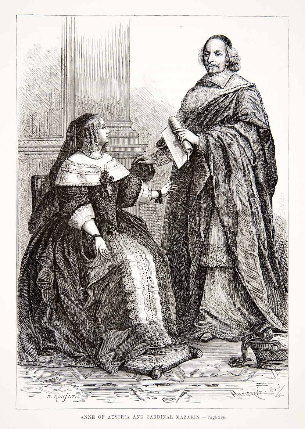 1875 Woodcut Eugene Ronjat Anne Austria Cardinal Mazarin 17th Century XEA6
