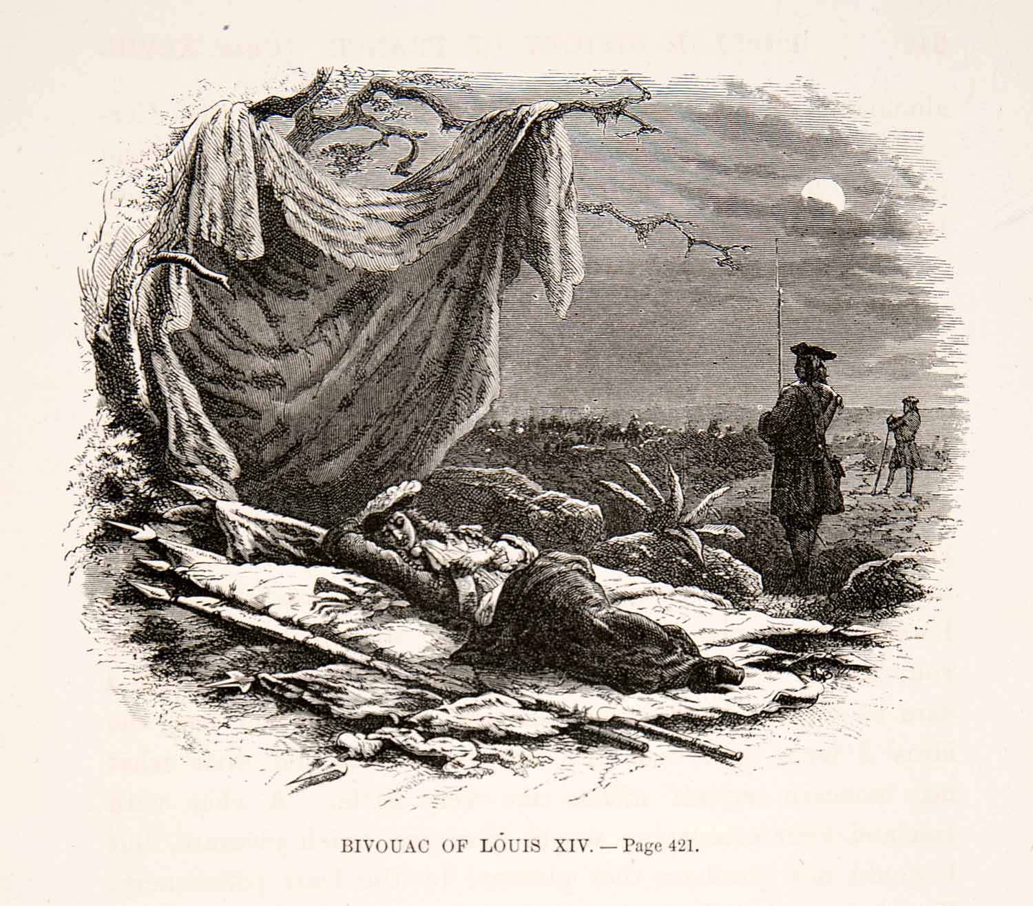 1875 Woodcut Alphosne Neuville Bivouac King Louis XIV Battlefield Camp XEA6