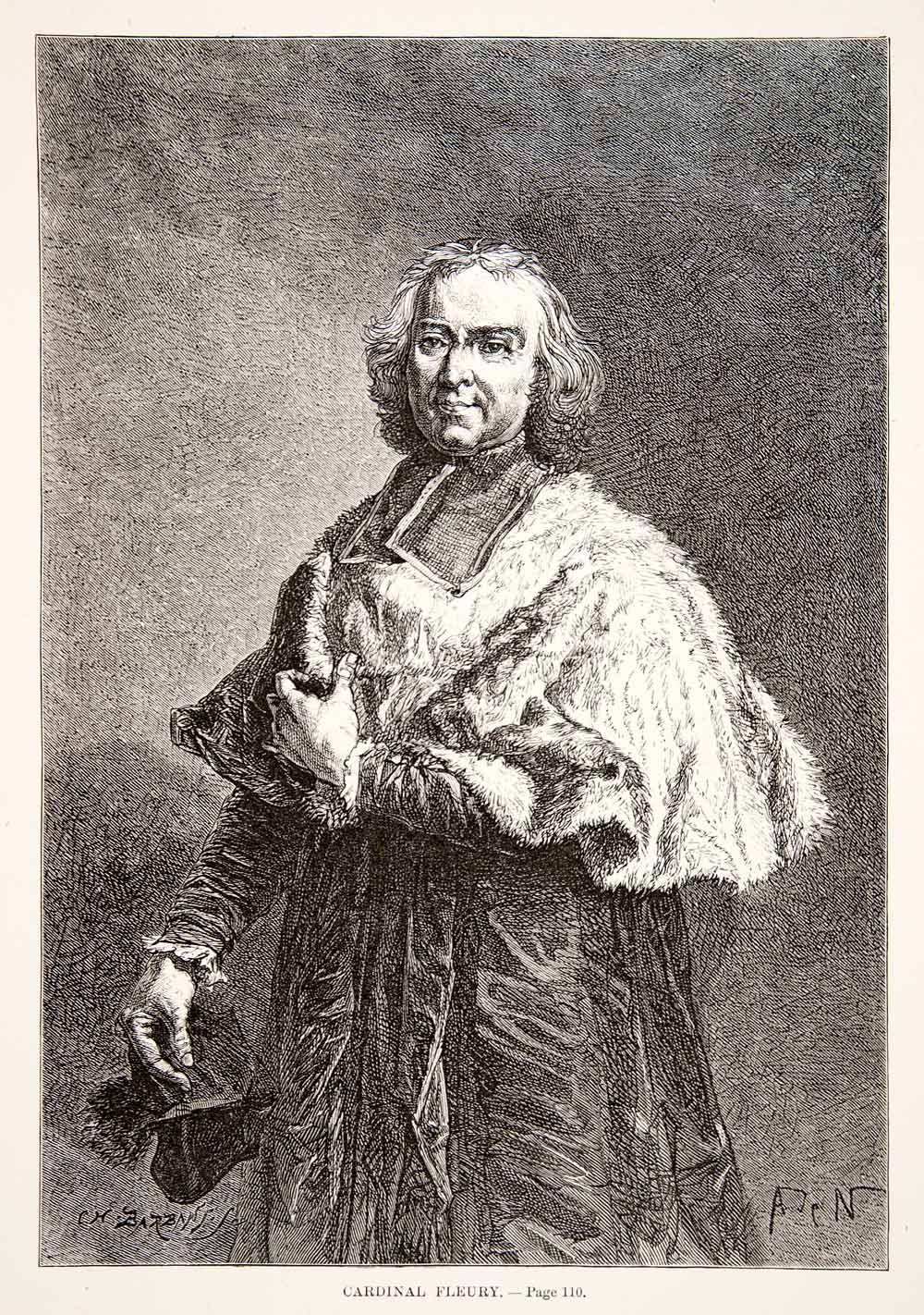 1875 Woodcut Print Alphonse Neuville Cardinal Fleury Costume Portrait 18th