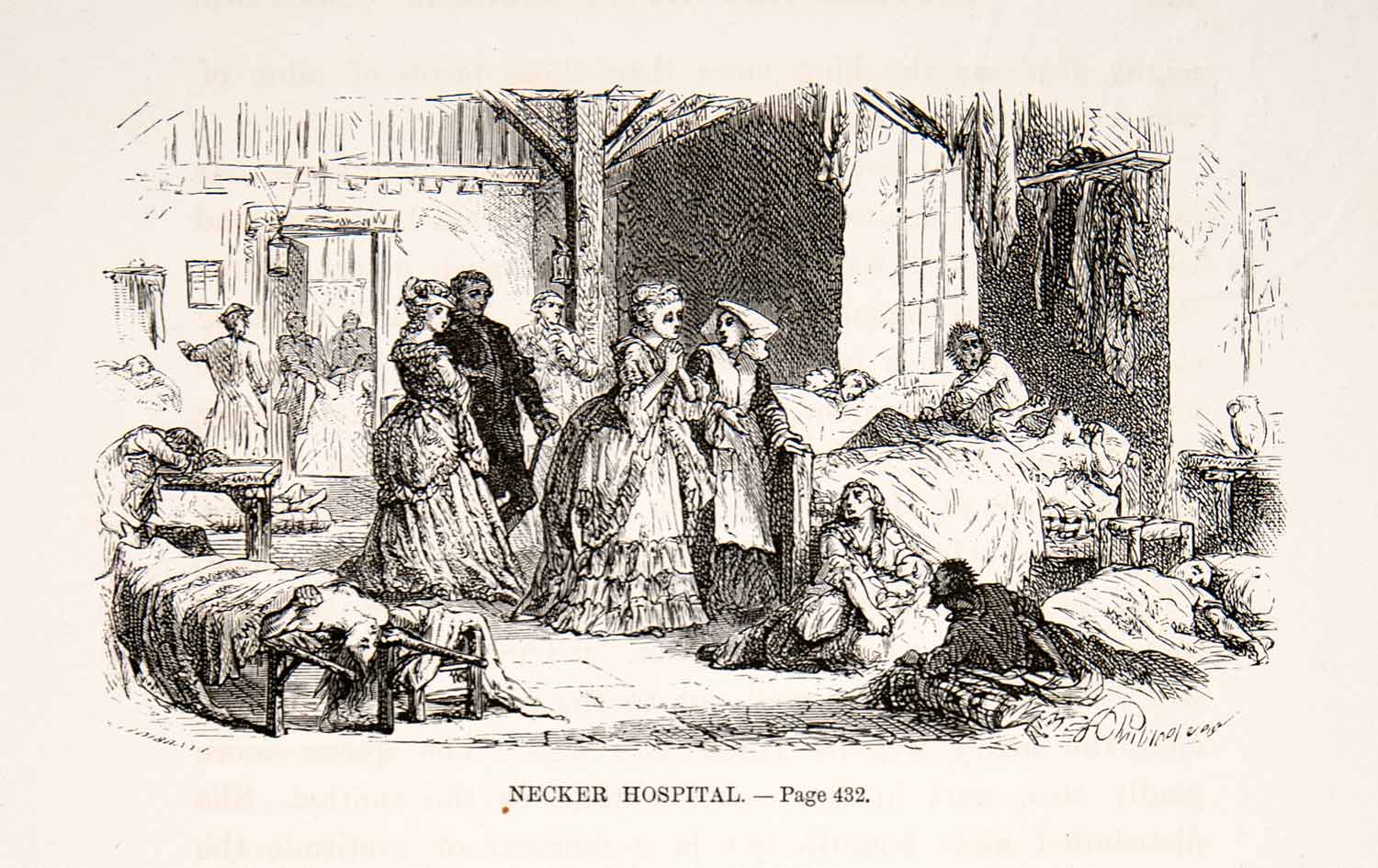 1875 Woodcut Paul Philippoteaux Necker Hospital 18th Century Paris Nurse XEA6