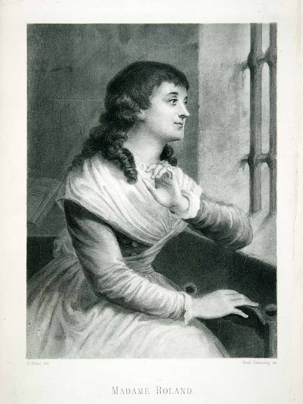 1877 Steel Engraving Madame Marie Jeanne Philippon Roland French Costume XEA7