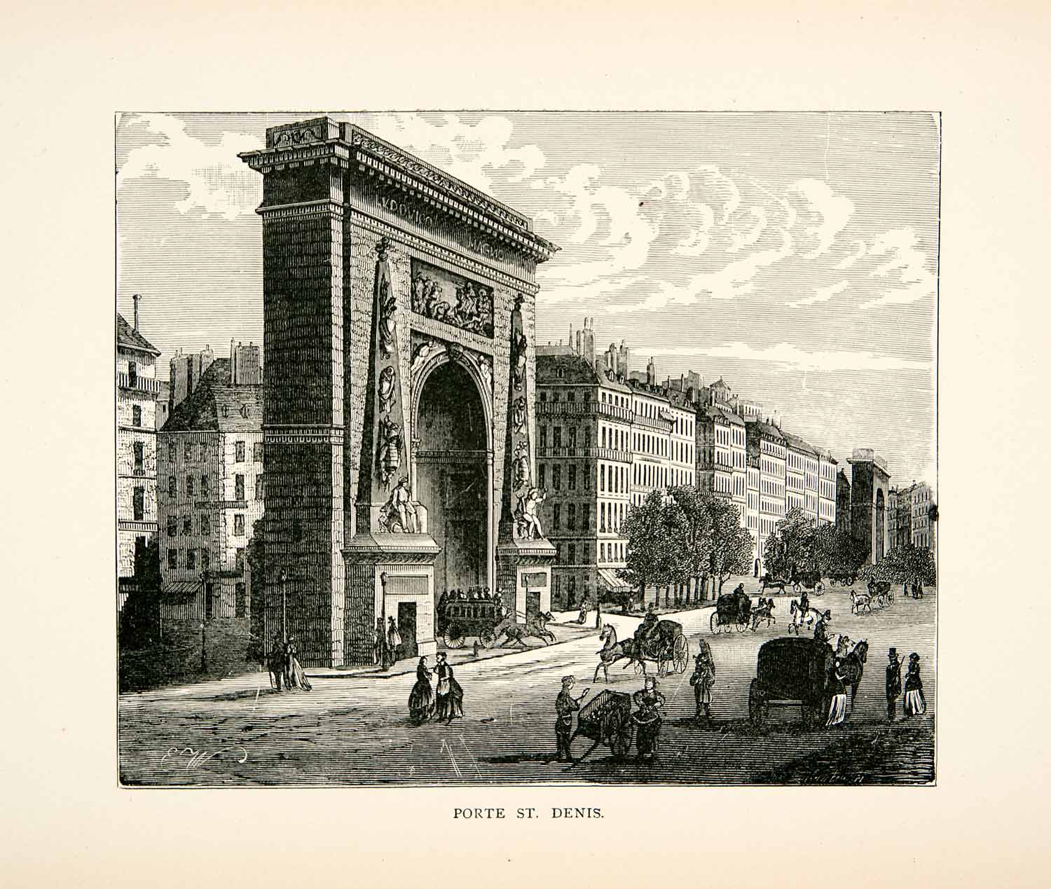 1877 Wood Engraving Porte St. Denis Paris France Arch Monument Rue XEA7