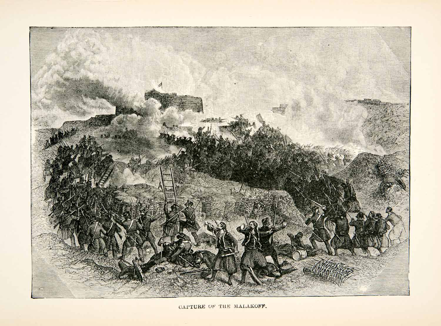 1877 Wood Engraving Capture Malakoff Battle Crimean War Zouave France XEA7