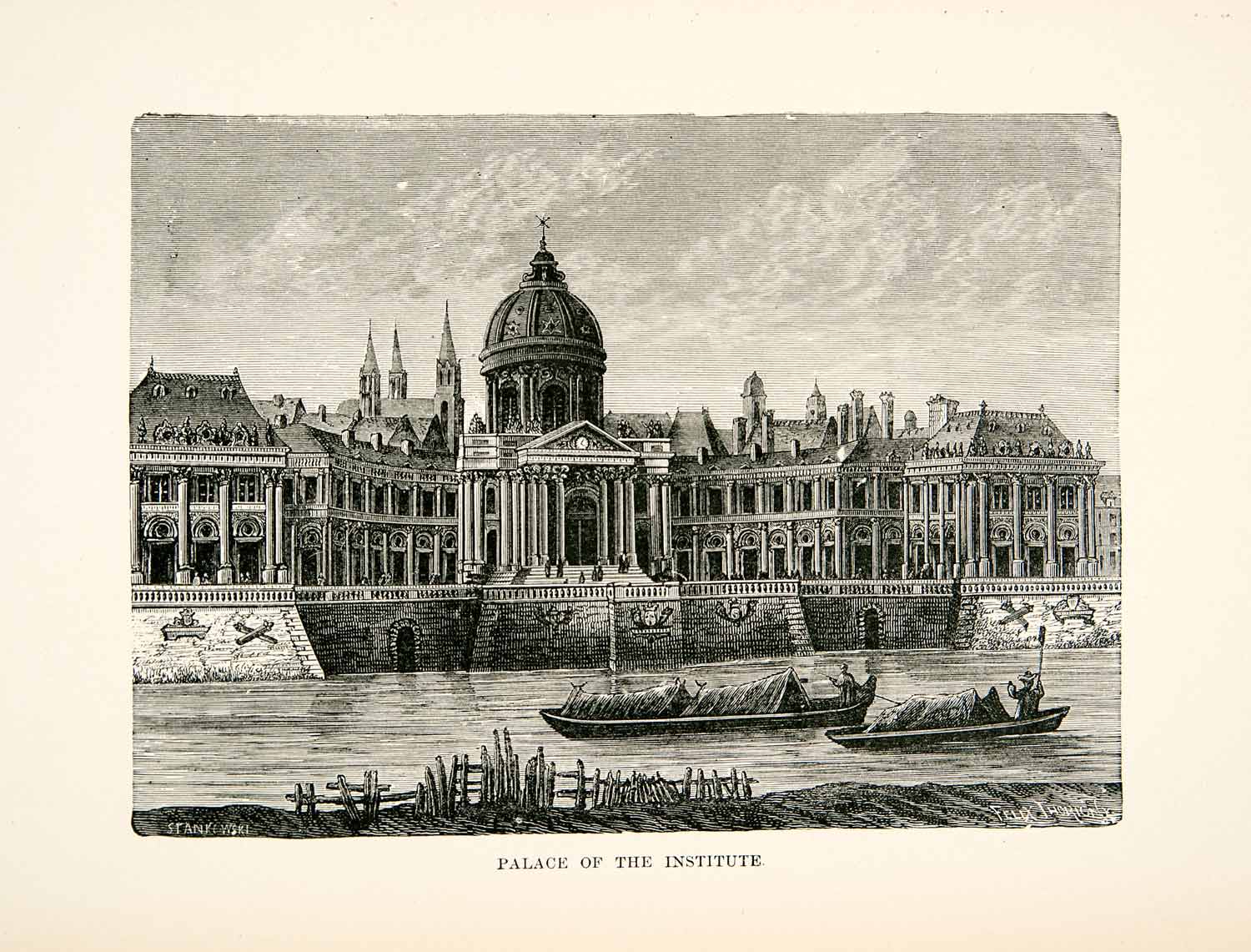 1877 Wood Engraving Palace Institute Paris France Architecture Seine River XEA7
