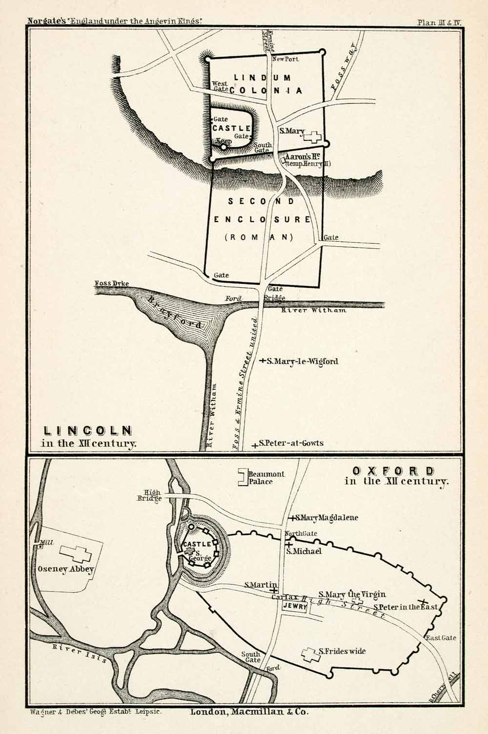 1887 Lithograph Map Lincoln Oxford Lindum Colonia Castle Brayford Isis XEA8