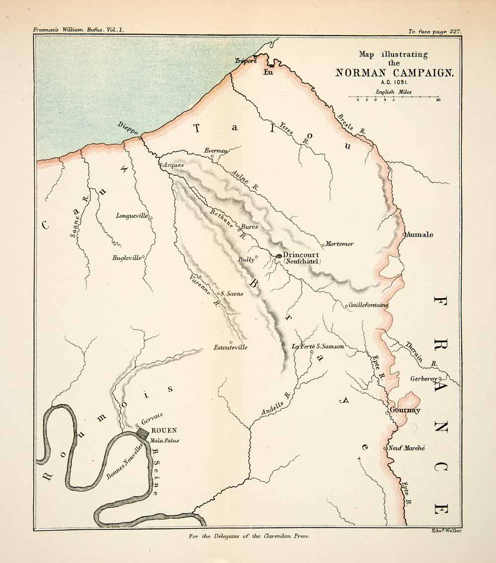 1882 Lithograph Ancient Map King William England Norman Rouen Mortemer XEA9
