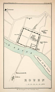 1882 Lithograph Ancient Map Rouen England Notre Dame Hermentrudeville Caux XEA9