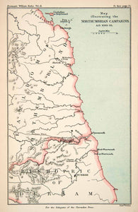 1882 Lithograph Ancient War Map Northumberland England Bishopric Durham XEA9