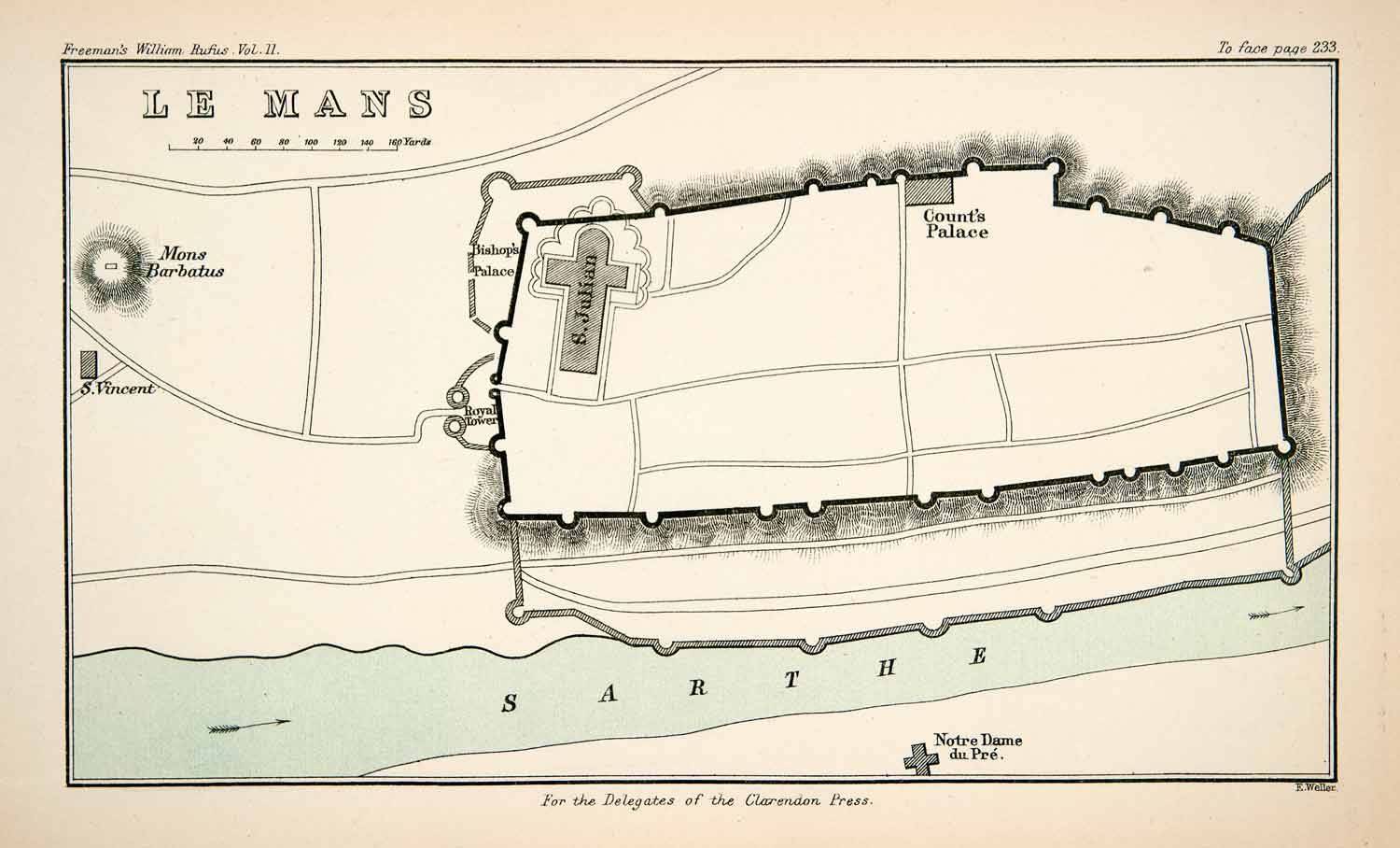 1882 Lithograph Ancient Map Le Mans France Count Palace Royal Tower Notre XEA9