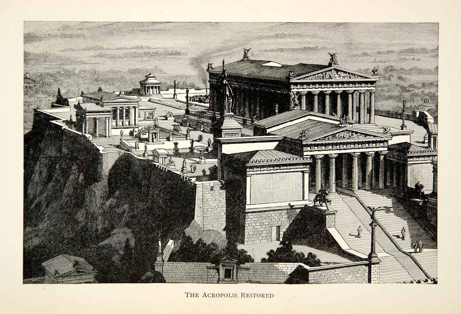 1899 Wood Engraving Acropolis Athens Greece Reconstructed Athena Mythology XEAA1