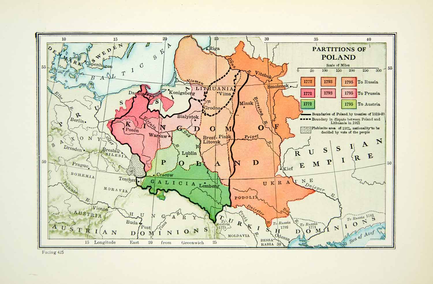 1943 Print Map Partitions Poland Kingdom Russian Empire Galicia Austria XEAA5