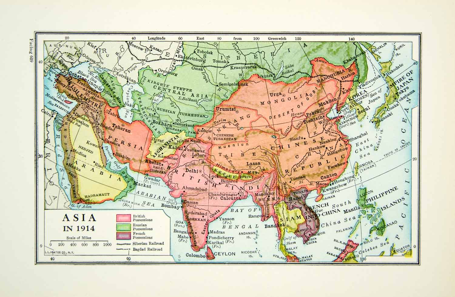 1943 Print Map Asia Arabia Persia British India Chinese Republic Iberia XEAA5