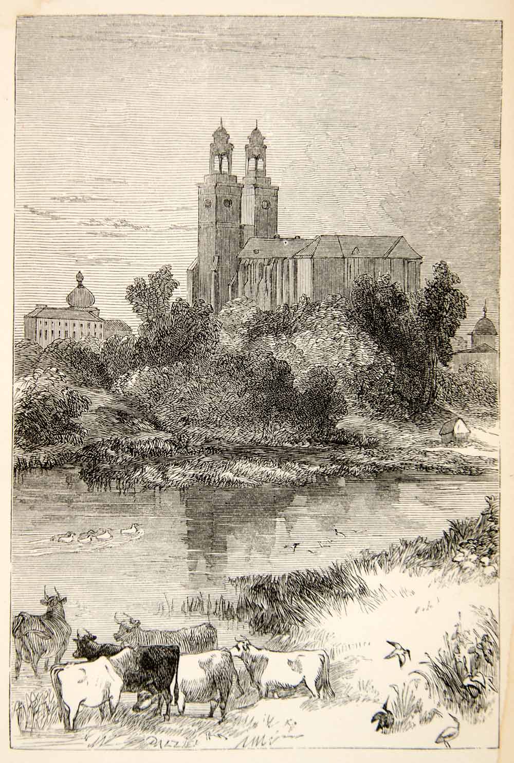 1853 Wood Engraving Upsala Gamla Temple Gold Village City Yngling Uppland XEAA6