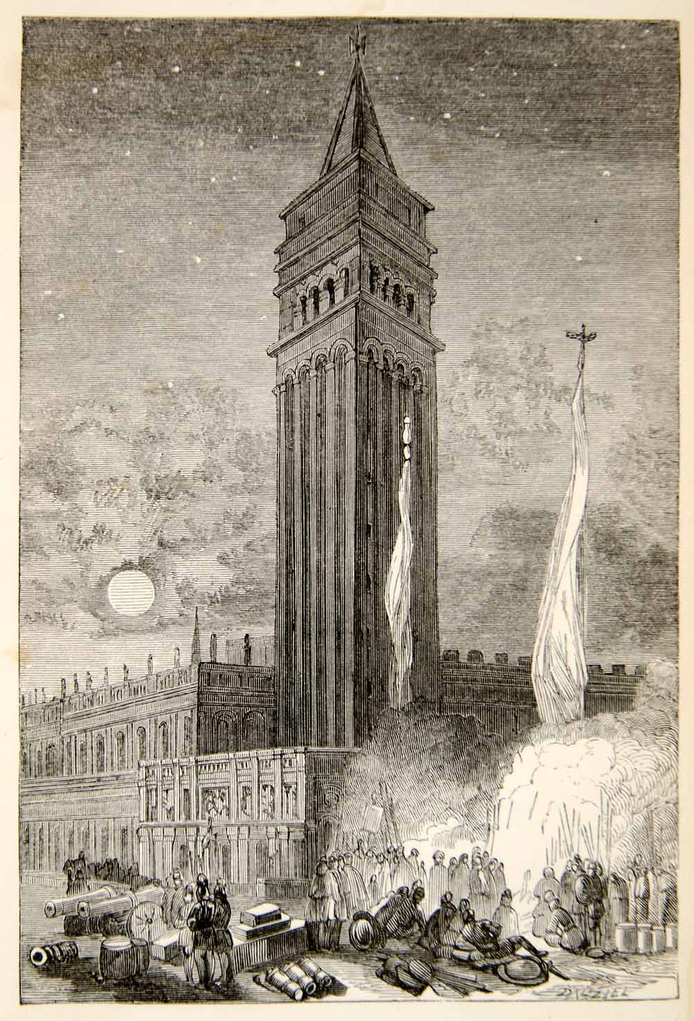 1853 Wood Engraving Venice Campanile St Mark's Basilica Bell Tower Italy XEAA6