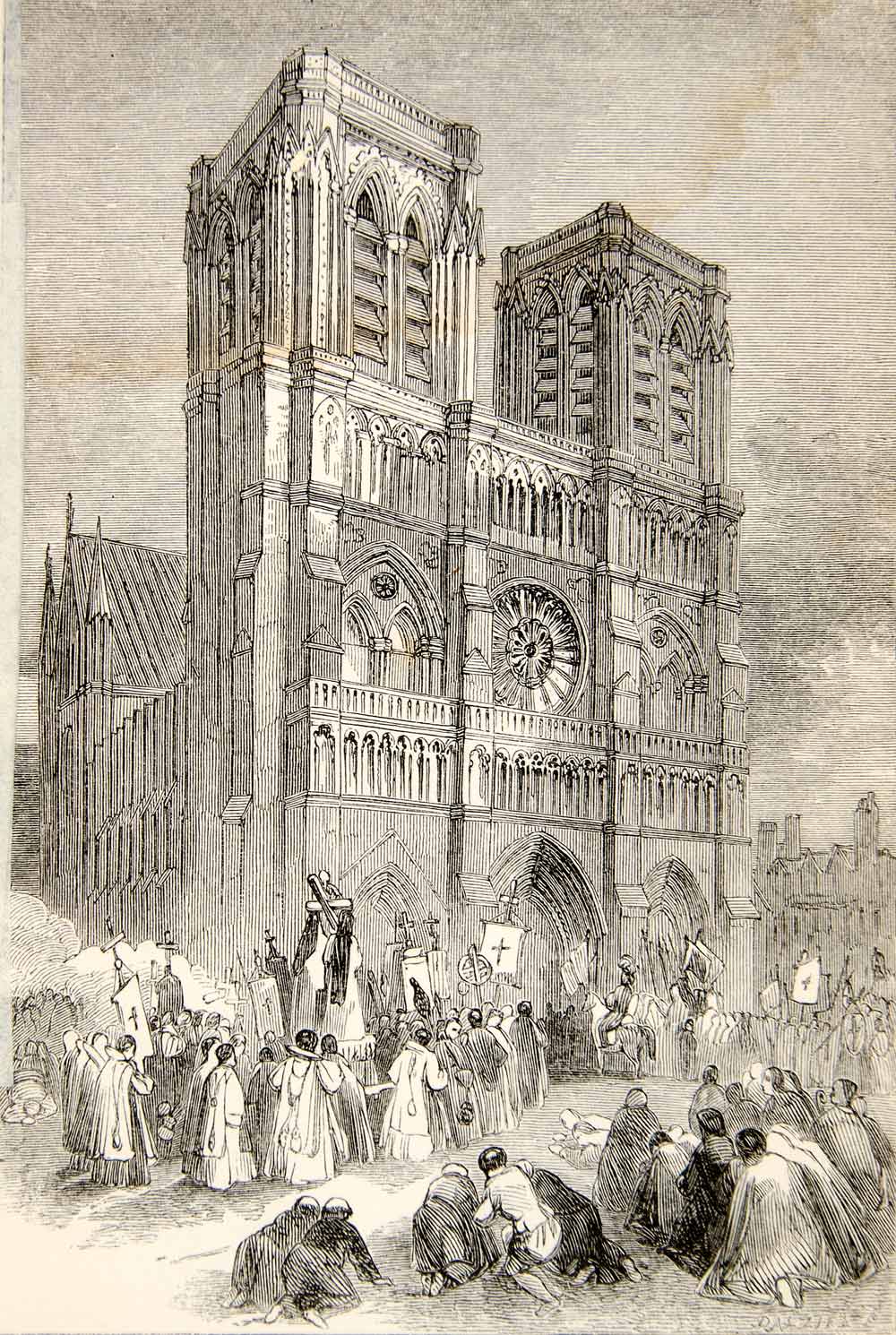 1853 Wood Engraving Paris Notre Dame Cathedral France Gothic Roman